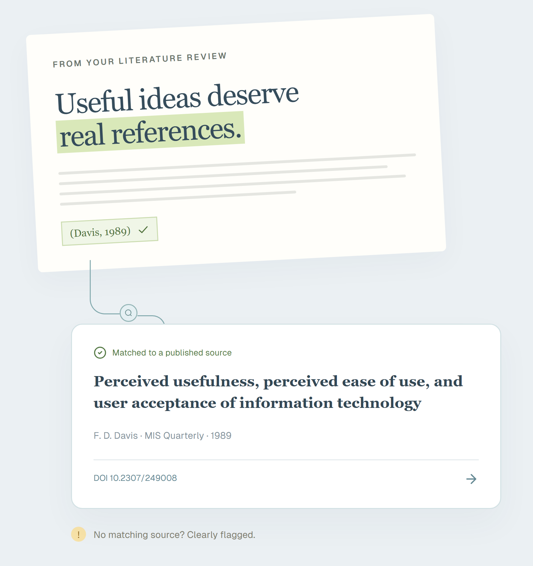 Research citation matched to a published source, with an unresolved source flagged