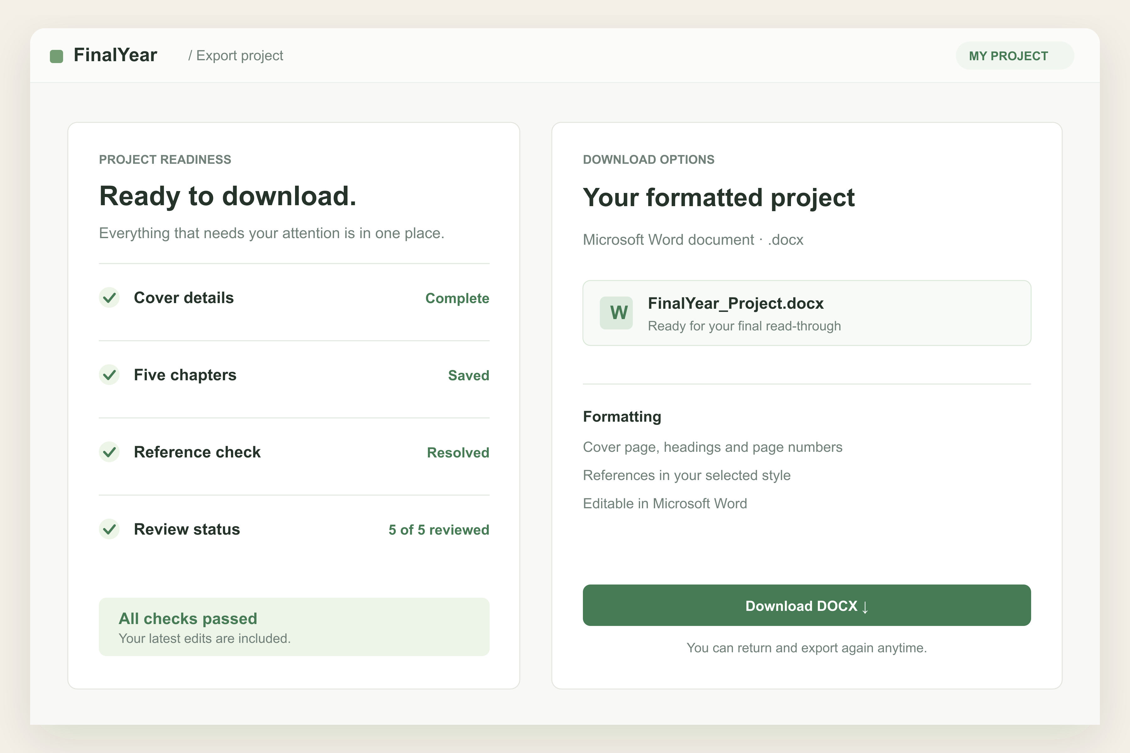 Project readiness checks and DOCX download options