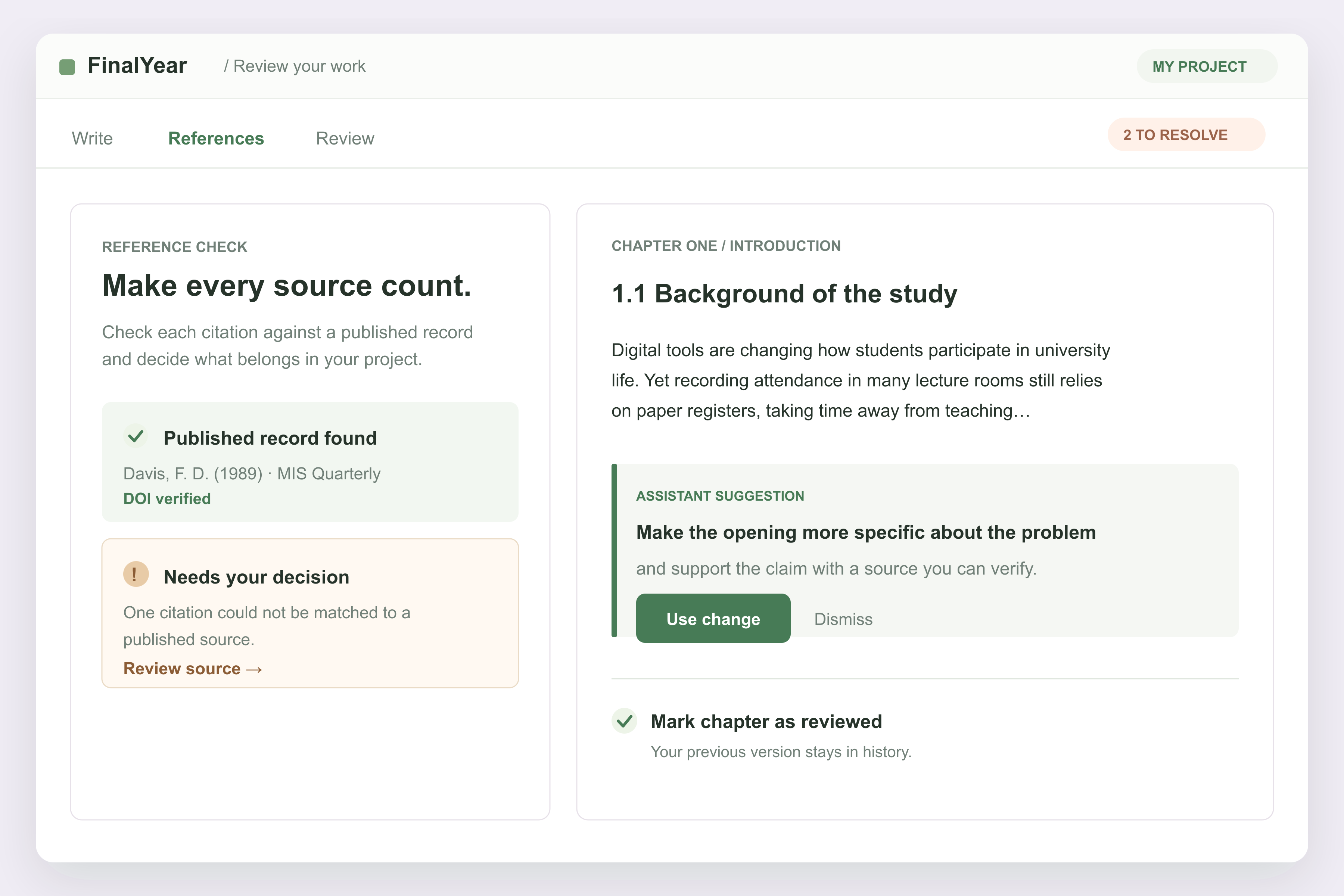 Reference checks and a suggested chapter edit in the review workspace